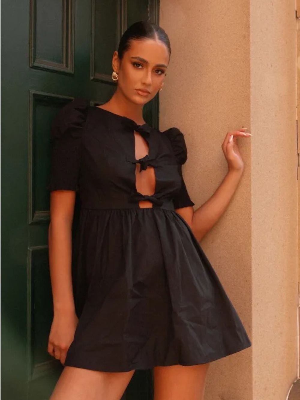Peppermayo Black Puff-Sleeve Keyhole Mini Dress